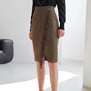 Olive Fringe Wrap Midi Skirt Chic EUC